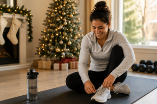Woman tying her sneakers on a workout mat in a cozy living room decorated for the holidays with a Christmas tree, fireplace stockings, and warm natural light.