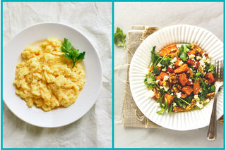 Roasted Sweet Potato and Greens Breakfast Bowl with Eggs and Feta